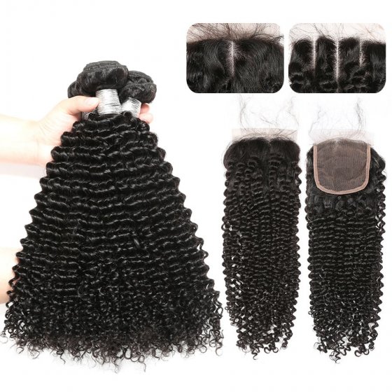 Hair Wefts with Lace Closure Kinky Curl 10A Brazilian Virgin Hair