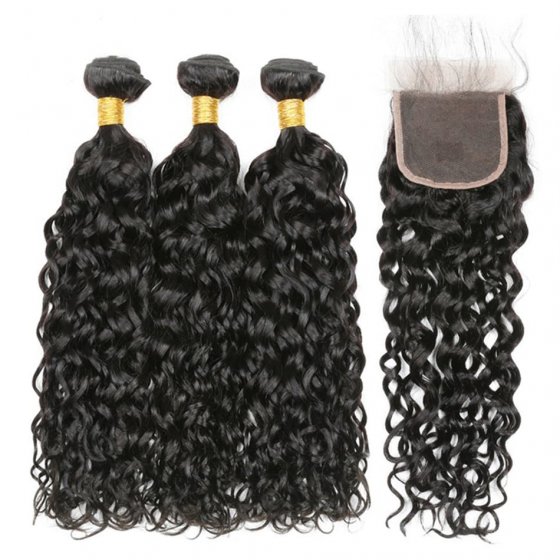 Hair Wefts with Lace Closure Water Wave 10A Brazilian Virgin Hair