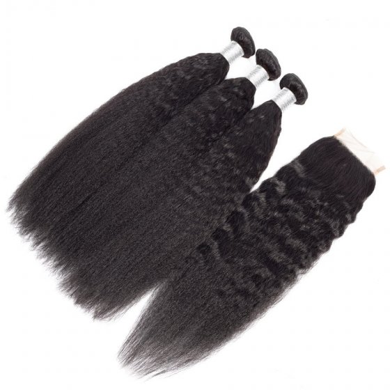 Hair Wefts with Lace Closure Kinky Straight 10A Brazilian Virgin Hair