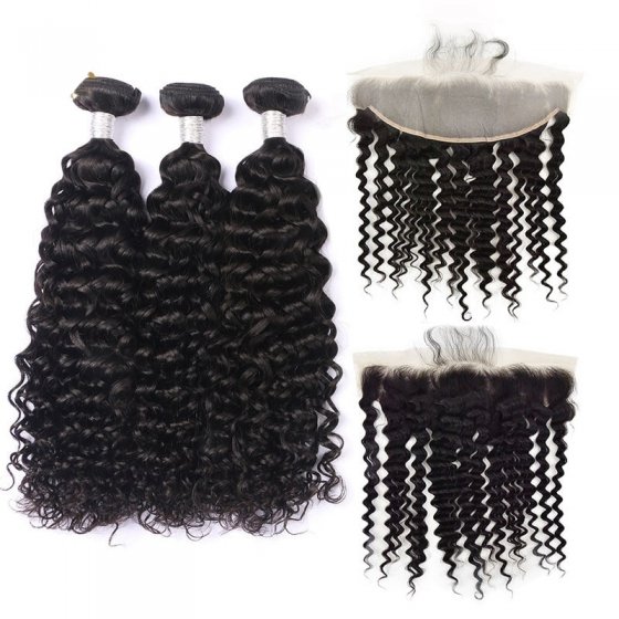 Hair Wefts with Lace Frontal Deep Curl 10A Brazilian Virgin Hair