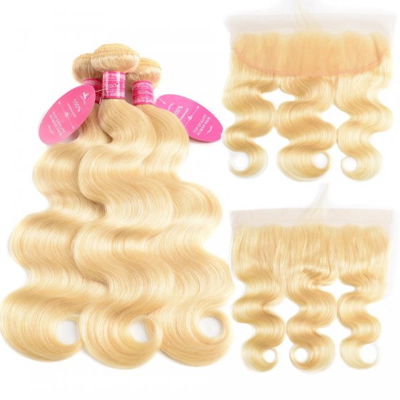 Hair Wefts with Lace Frontal #613 Body Wave 10A Brazilian Virgin Hair
