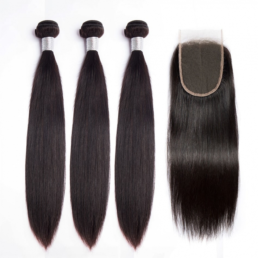 Hair Wefts with Lace Closure Straight 10A Brazilian Virgin Hair