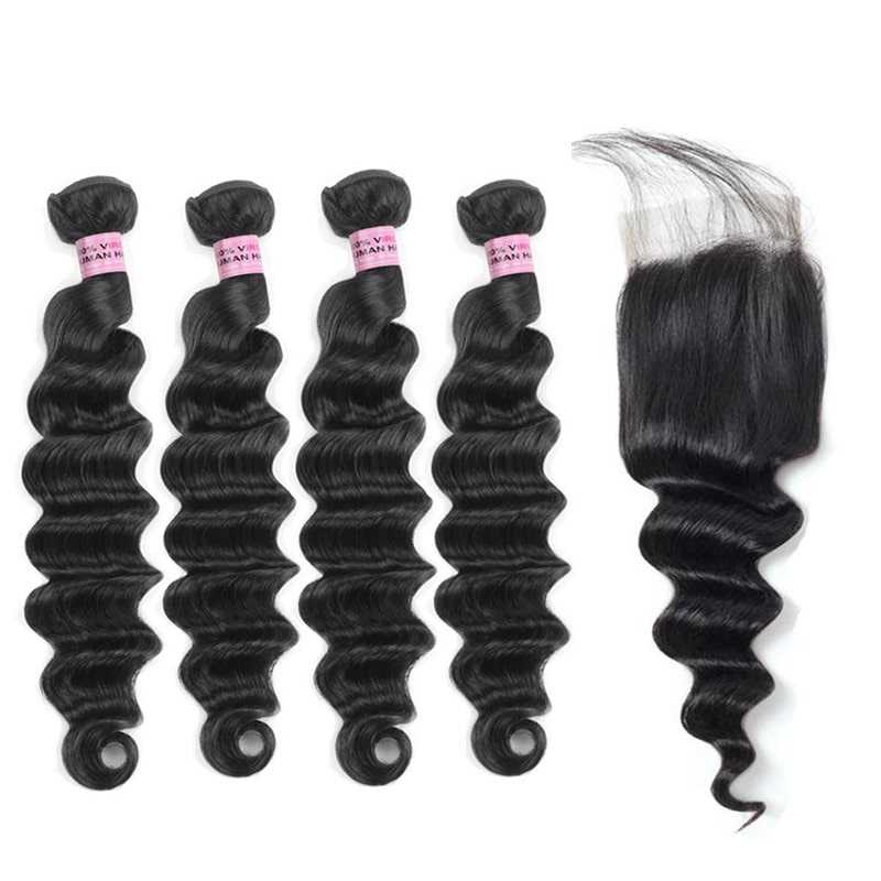 Hair Wefts with Lace Closure Loose Deep Wave 10A Brazilian Virgin Hair