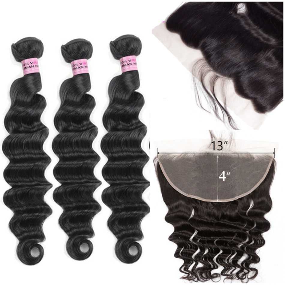 Hair Wefts with Lace Frontal Loose Deep Wave 10A Brazilian Virgin Hair