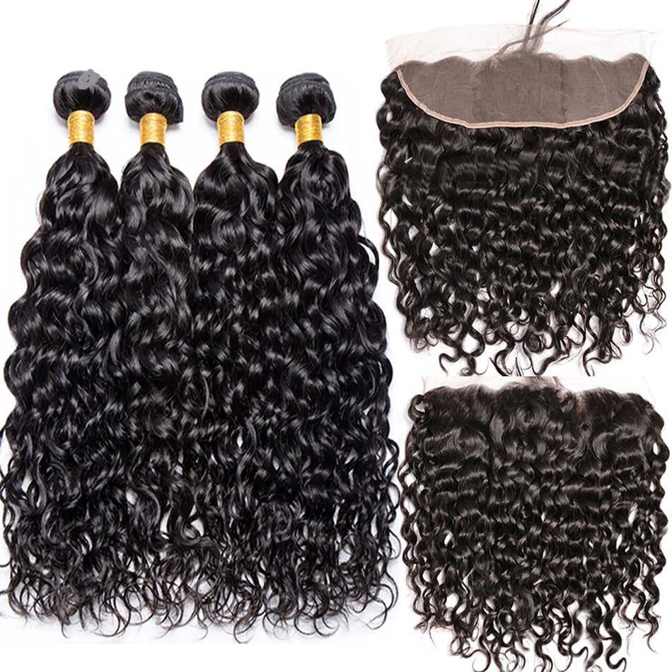 Hair Wefts with Lace Frontal Water Wave 10A Brazilian Virgin Hair